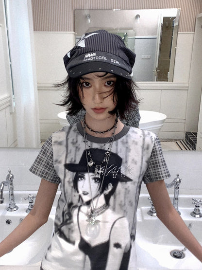 Chemical Girl×NANA Co-Branded Pinstripe Guitar Print Rivet Stack Cap【s0000017086】