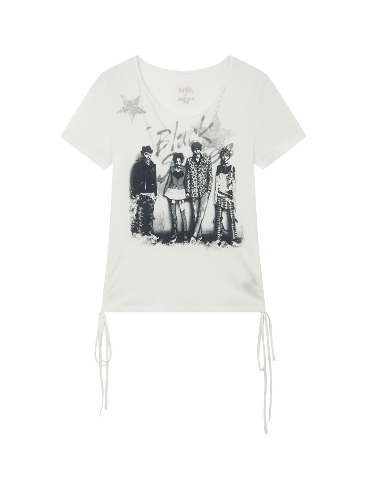 Chemical Girl×NANA Co-Branded Touching Portrait Print Crew Neck Straight Shoulder Slim Drawstring Short T-Shirt【s0000017087】