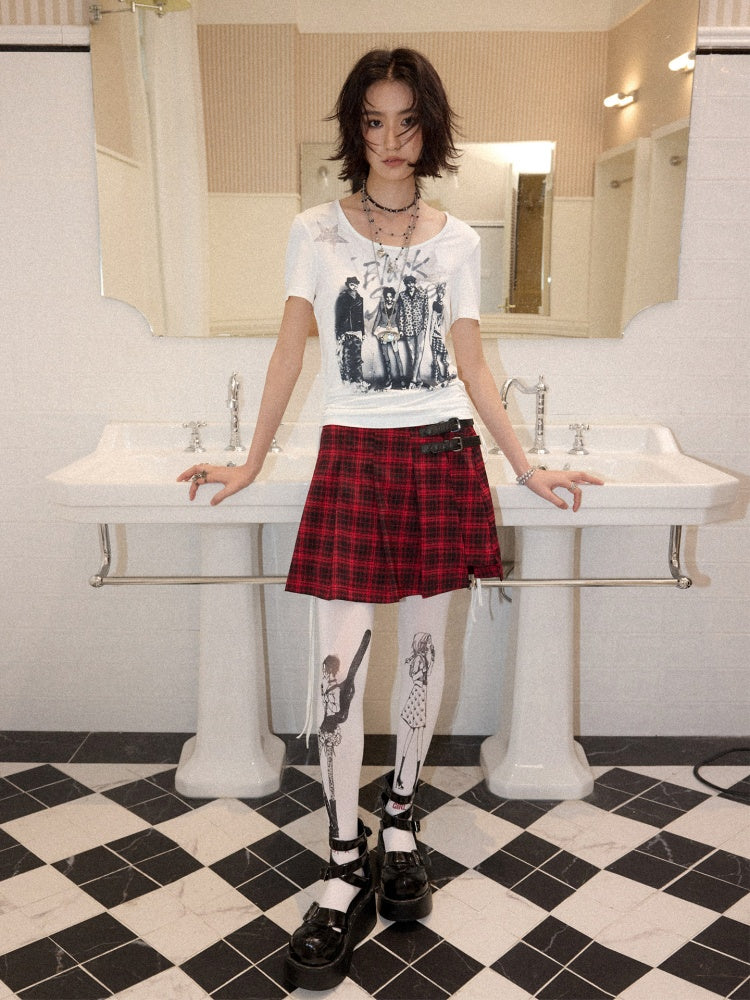 Chemical Girl×NANA Co-Branded Touching Portrait Print Crew Neck Straight Shoulder Slim Drawstring Short T-Shirt【s0000017087】