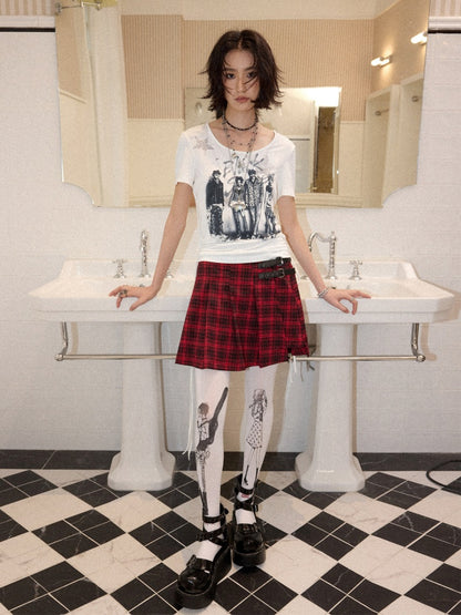 Chemical Girl×NANA Co-Branded Touching Portrait Print Crew Neck Straight Shoulder Slim Drawstring Short T-Shirt【s0000017087】