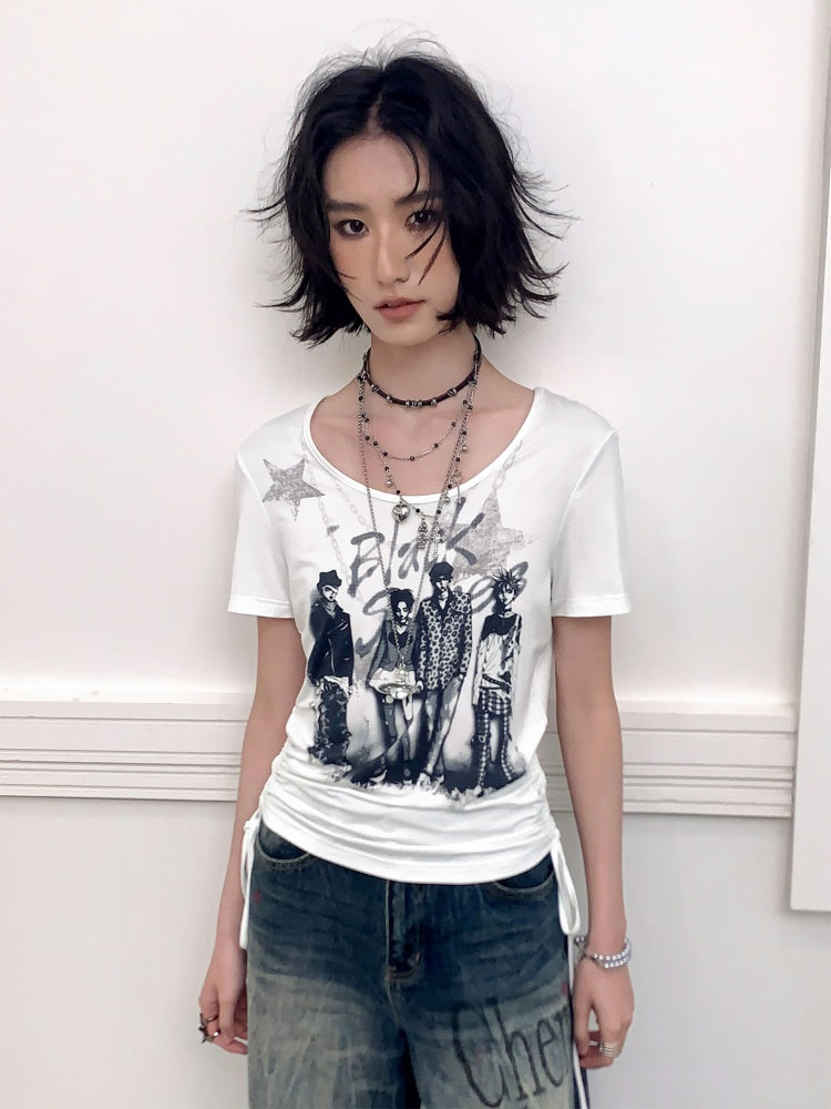 Chemical Girl×NANA Co-Branded Touching Portrait Print Crew Neck Straight Shoulder Slim Drawstring Short T-Shirt【s0000017087】