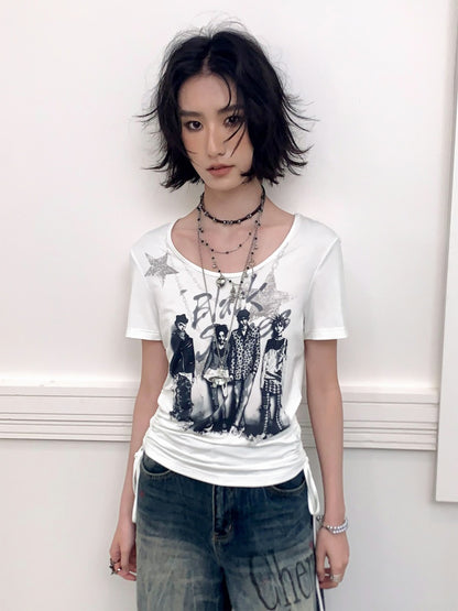 Chemical Girl×NANA Co-Branded Touching Portrait Print Crew Neck Straight Shoulder Slim Drawstring Short T-Shirt【s0000017087】