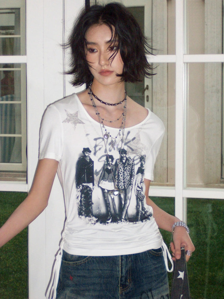 Chemical Girl×NANA Co-Branded Touching Portrait Print Crew Neck Straight Shoulder Slim Drawstring Short T-Shirt【s0000017087】