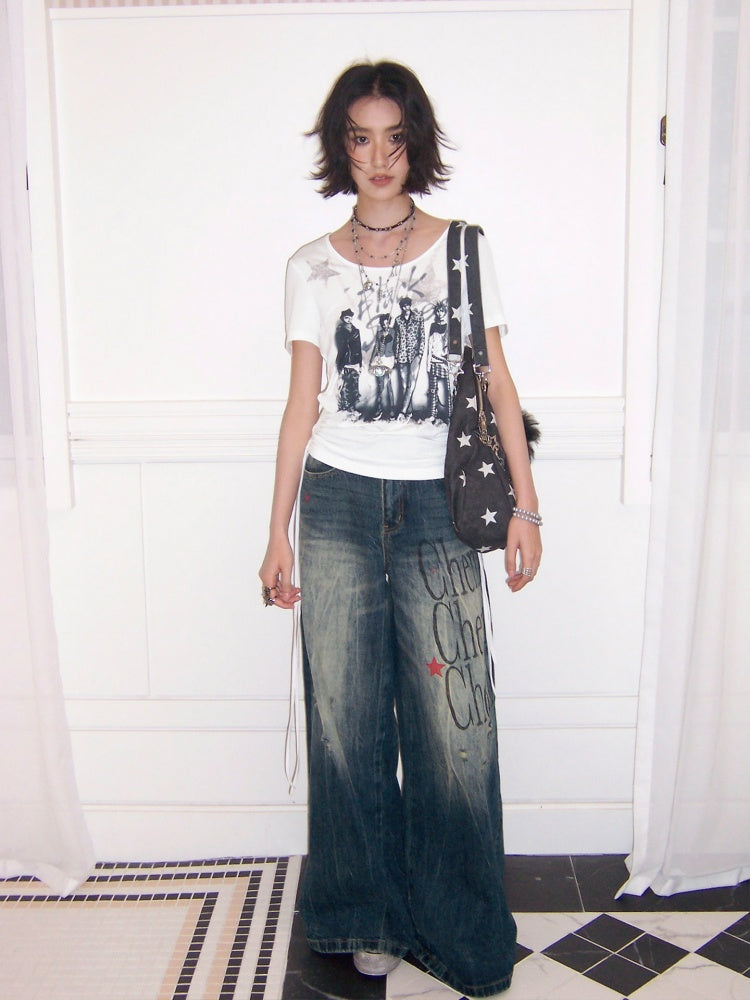 Chemical Girl×NANA Co-Branded Touching Portrait Print Crew Neck Straight Shoulder Slim Drawstring Short T-Shirt【s0000017087】