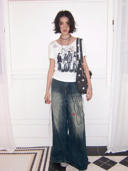 Chemical Girl×NANA Co-Branded Touching Portrait Print Crew Neck Straight Shoulder Slim Drawstring Short T-Shirt【s0000017087】