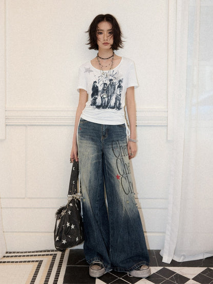 Chemical Girl×NANA Co-Branded Touching Portrait Print Crew Neck Straight Shoulder Slim Drawstring Short T-Shirt【s0000017087】