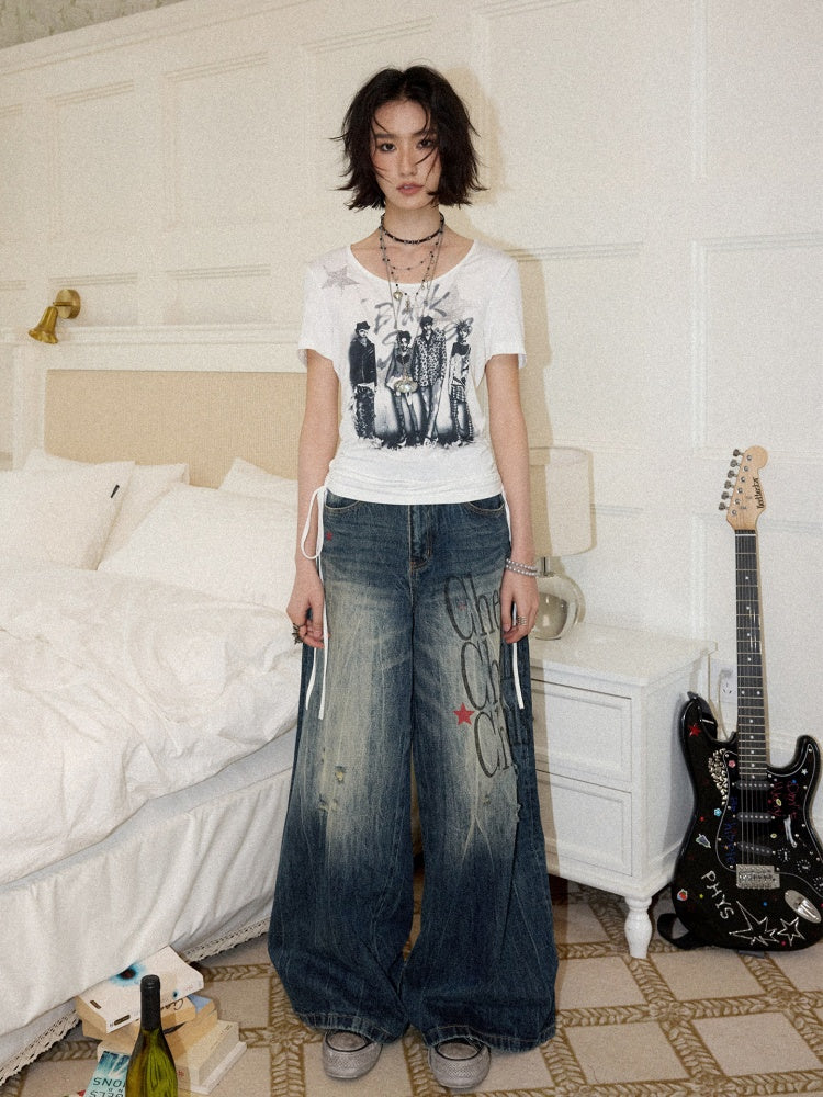 Chemical Girl×NANA Co-Branded Touching Portrait Print Crew Neck Straight Shoulder Slim Drawstring Short T-Shirt【s0000017087】