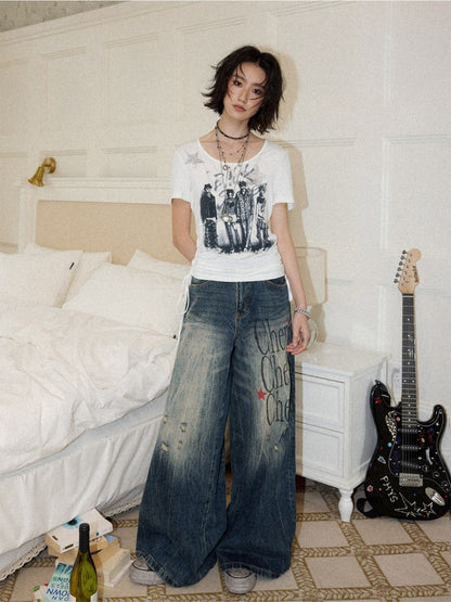 Chemical Girl×NANA Co-Branded Touching Portrait Print Crew Neck Straight Shoulder Slim Drawstring Short T-Shirt【s0000017087】