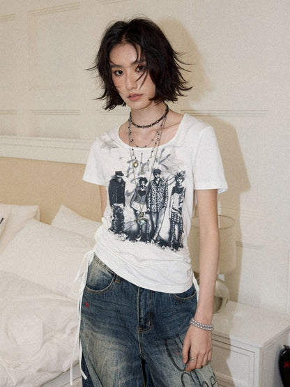 Chemical Girl×NANA Co-Branded Touching Portrait Print Crew Neck Straight Shoulder Slim Drawstring Short T-Shirt【s0000017087】