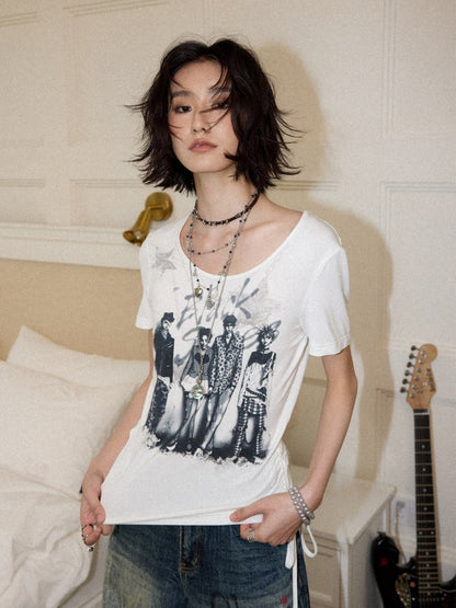 Chemical Girl×NANA Co-Branded Touching Portrait Print Crew Neck Straight Shoulder Slim Drawstring Short T-Shirt【s0000017087】