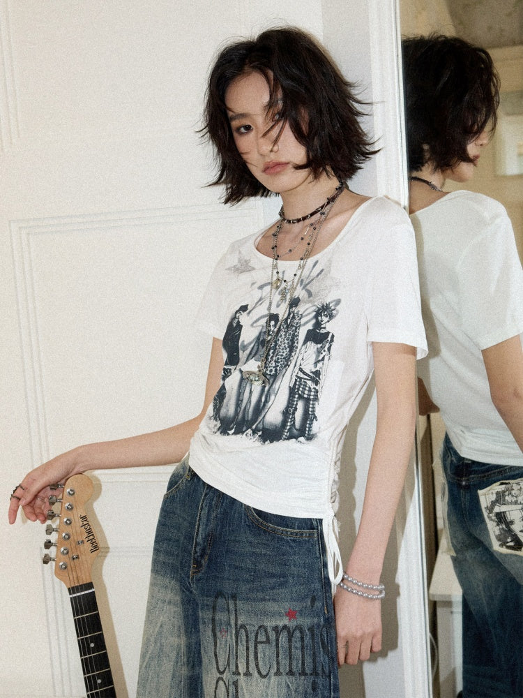 Chemical Girl×NANA Co-Branded Touching Portrait Print Crew Neck Straight Shoulder Slim Drawstring Short T-Shirt【s0000017087】