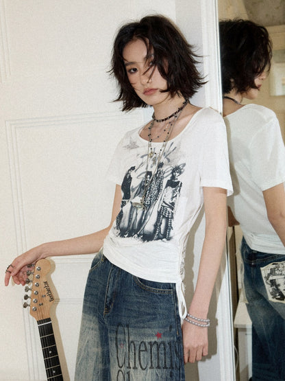 Chemical Girl×NANA Co-Branded Touching Portrait Print Crew Neck Straight Shoulder Slim Drawstring Short T-Shirt【s0000017087】