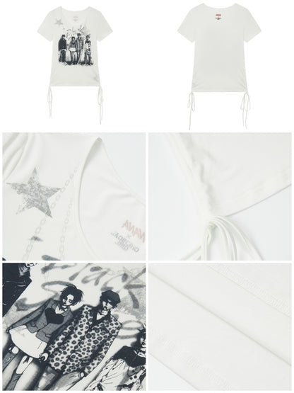 Chemical Girl×NANA Co-Branded Touching Portrait Print Crew Neck Straight Shoulder Slim Drawstring Short T-Shirt【s0000017087】