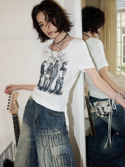 Chemical Girl×NANA Co-Branded Touching Portrait Print Crew Neck Straight Shoulder Slim Drawstring Short T-Shirt【s0000017087】