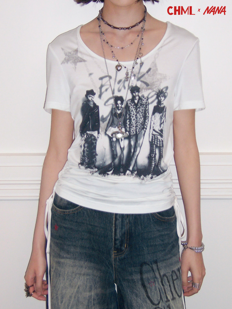 Chemical Girl×NANA Co-Branded Touching Portrait Print Crew Neck Straight Shoulder Slim Drawstring Short T-Shirt【s0000017087】