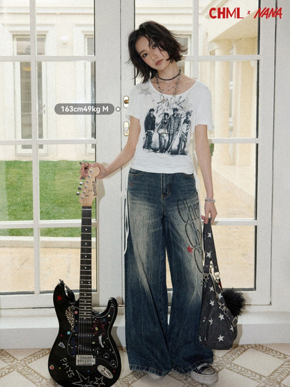Chemical Girl×NANA Co-Branded Touching Portrait Print Crew Neck Straight Shoulder Slim Drawstring Short T-Shirt【s0000017087】