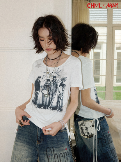 Chemical Girl×NANA Co-Branded Touching Portrait Print Crew Neck Straight Shoulder Slim Drawstring Short T-Shirt【s0000017087】