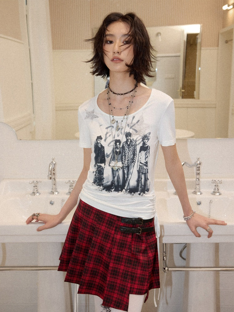 Chemical Girl×NANA Co-Branded Touching Portrait Print Crew Neck Straight Shoulder Slim Drawstring Short T-Shirt【s0000017087】