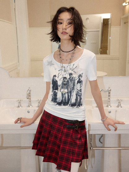 Chemical Girl×NANA Co-Branded Touching Portrait Print Crew Neck Straight Shoulder Slim Drawstring Short T-Shirt【s0000017087】