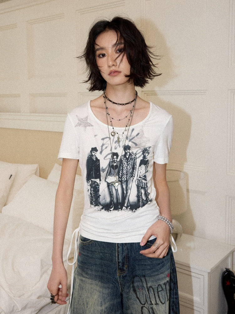 Chemical Girl×NANA Co-Branded Touching Portrait Print Crew Neck Straight Shoulder Slim Drawstring Short T-Shirt【s0000017087】