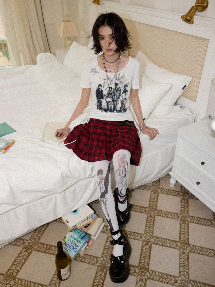 Chemical Girl×NANA Co-Branded Touching Portrait Print Crew Neck Straight Shoulder Slim Drawstring Short T-Shirt【s0000017087】