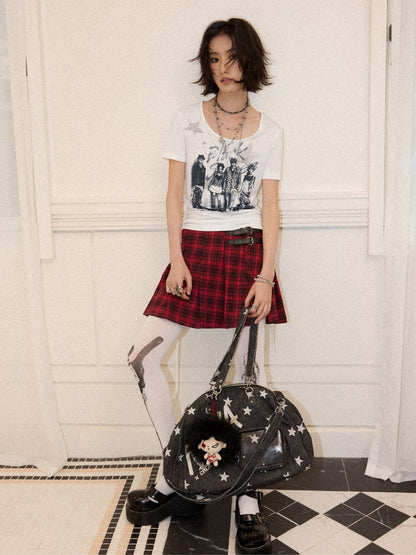 Chemical Girl×NANA Co-Branded Touching Portrait Print Crew Neck Straight Shoulder Slim Drawstring Short T-Shirt【s0000017087】