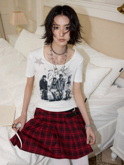 Chemical Girl×NANA Co-Branded Touching Portrait Print Crew Neck Straight Shoulder Slim Drawstring Short T-Shirt【s0000017087】