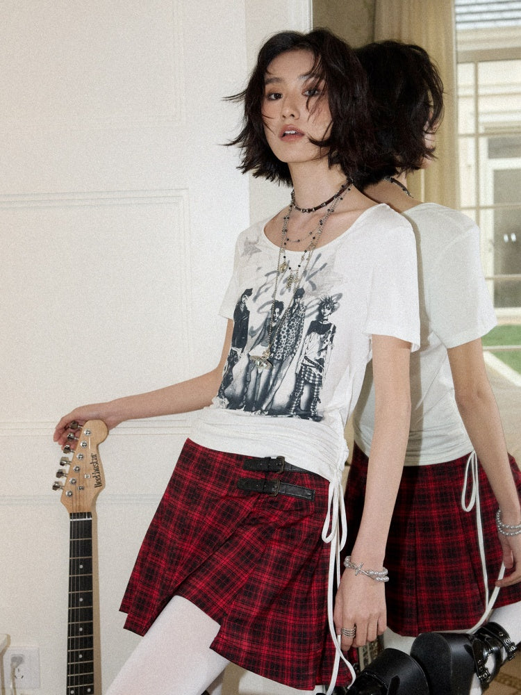 Chemical Girl×NANA Co-Branded Touching Portrait Print Crew Neck Straight Shoulder Slim Drawstring Short T-Shirt【s0000017087】