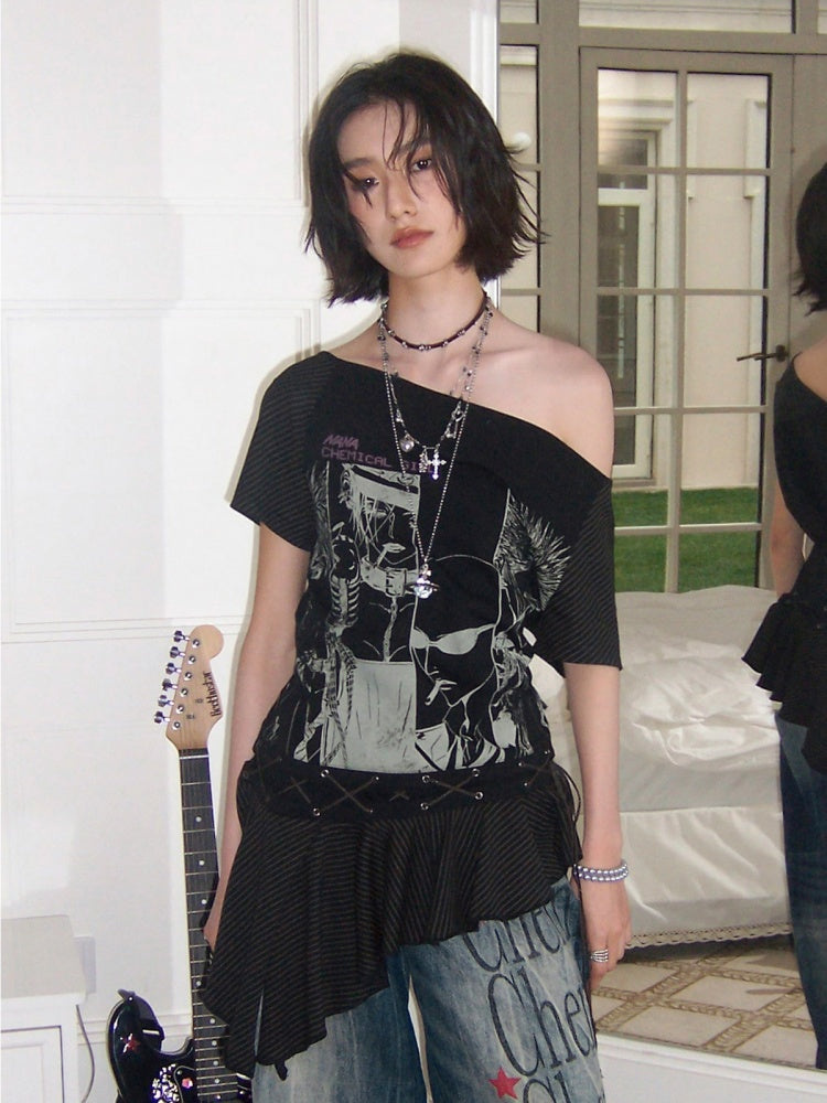 Chemical Girl×NANA Co-Branded Irregular Slanted Shoulder Lace Hem Strap Print T-Shirt【s0000017088】