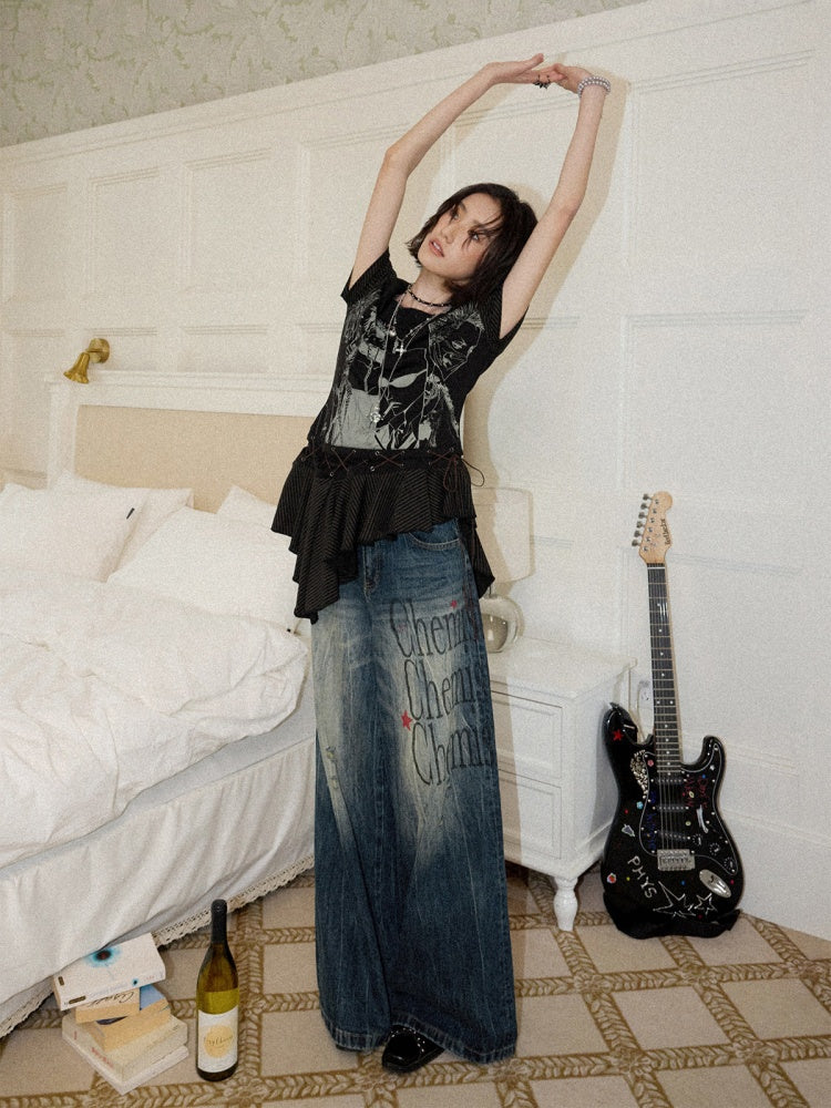 Chemical Girl×NANA Co-Branded Irregular Slanted Shoulder Lace Hem Strap Print T-Shirt【s0000017088】