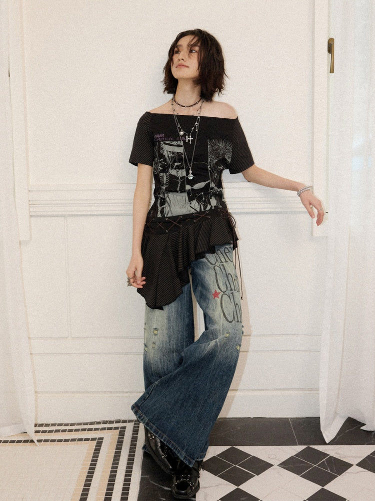 Chemical Girl×NANA Co-Branded Irregular Slanted Shoulder Lace Hem Strap Print T-Shirt【s0000017088】