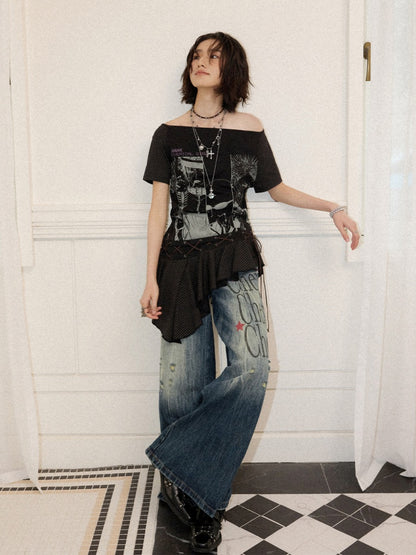 Chemical Girl×NANA Co-Branded Irregular Slanted Shoulder Lace Hem Strap Print T-Shirt【s0000017088】