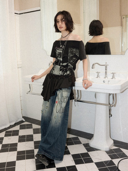 Chemical Girl×NANA Co-Branded Irregular Slanted Shoulder Lace Hem Strap Print T-Shirt【s0000017088】