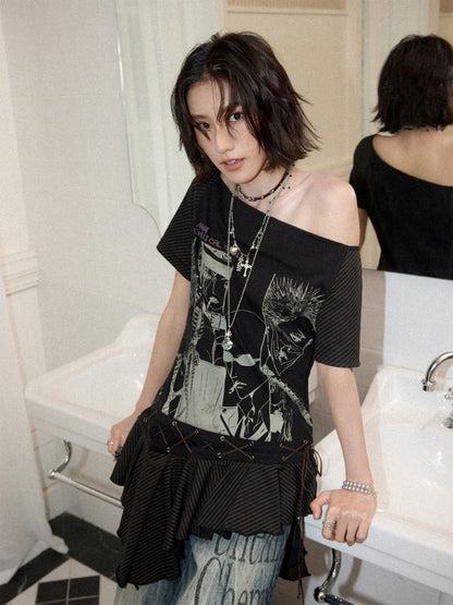 Chemical Girl×NANA Co-Branded Irregular Slanted Shoulder Lace Hem Strap Print T-Shirt【s0000017088】