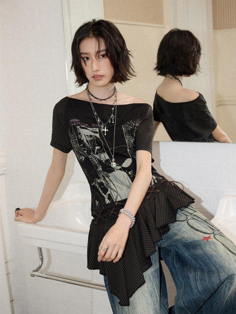 Chemical Girl×NANA Co-Branded Irregular Slanted Shoulder Lace Hem Strap Print T-Shirt【s0000017088】