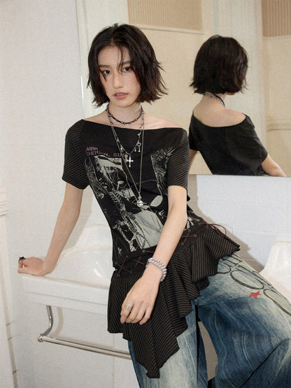 Chemical Girl×NANA Co-Branded Irregular Slanted Shoulder Lace Hem Strap Print T-Shirt【s0000017088】