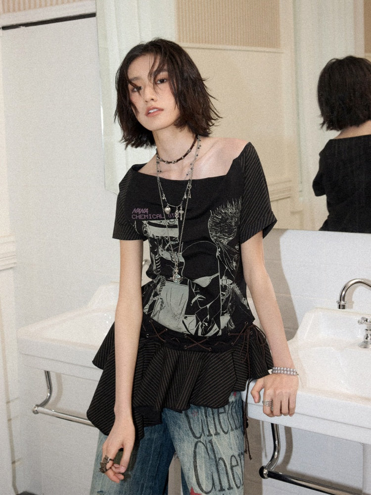 Chemical Girl×NANA Co-Branded Irregular Slanted Shoulder Lace Hem Strap Print T-Shirt【s0000017088】