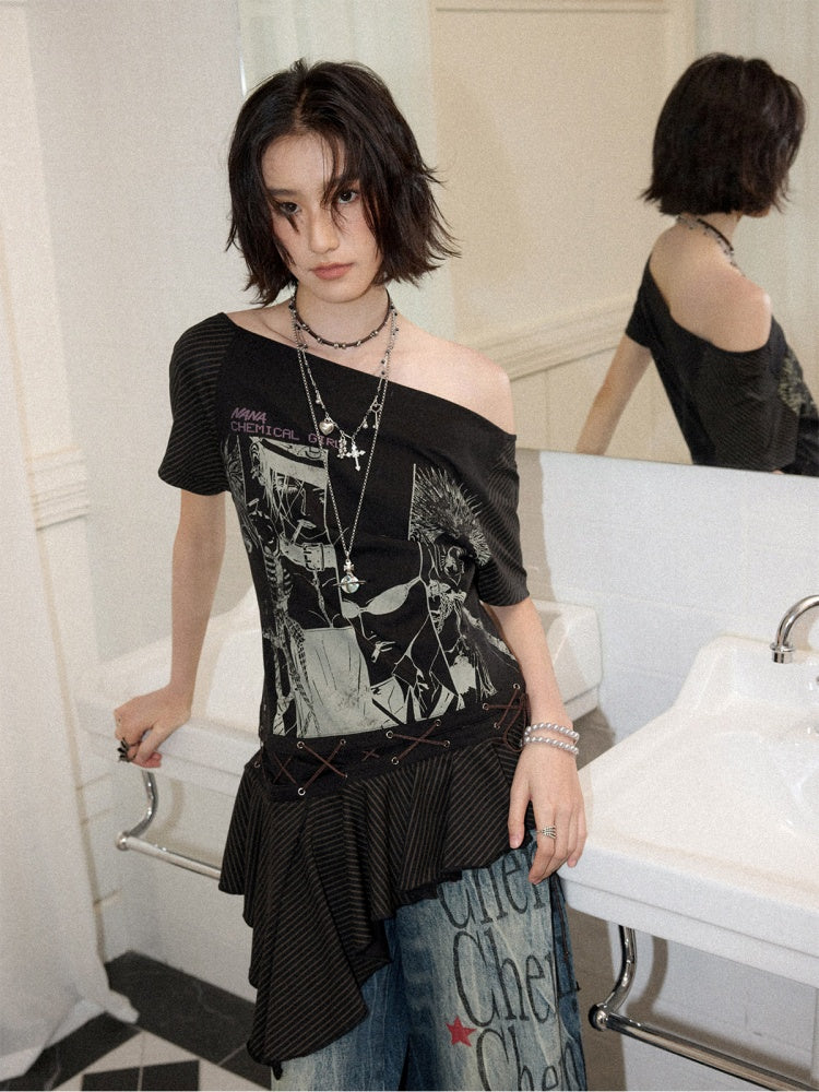 Chemical Girl×NANA Co-Branded Irregular Slanted Shoulder Lace Hem Strap Print T-Shirt【s0000017088】