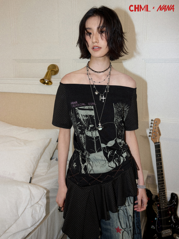 Chemical Girl×NANA Co-Branded Irregular Slanted Shoulder Lace Hem Strap Print T-Shirt【s0000017088】