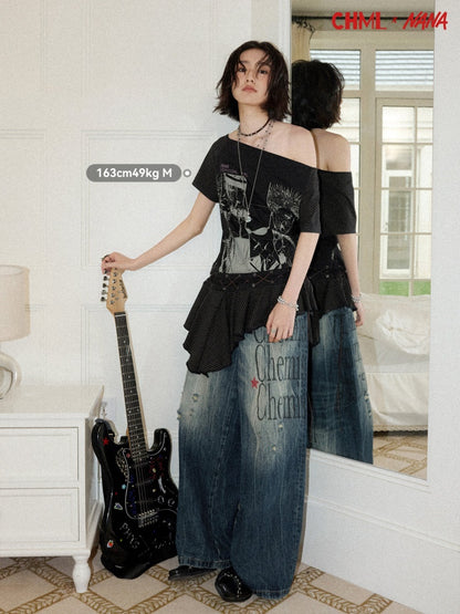 Chemical Girl×NANA Co-Branded Irregular Slanted Shoulder Lace Hem Strap Print T-Shirt【s0000017088】