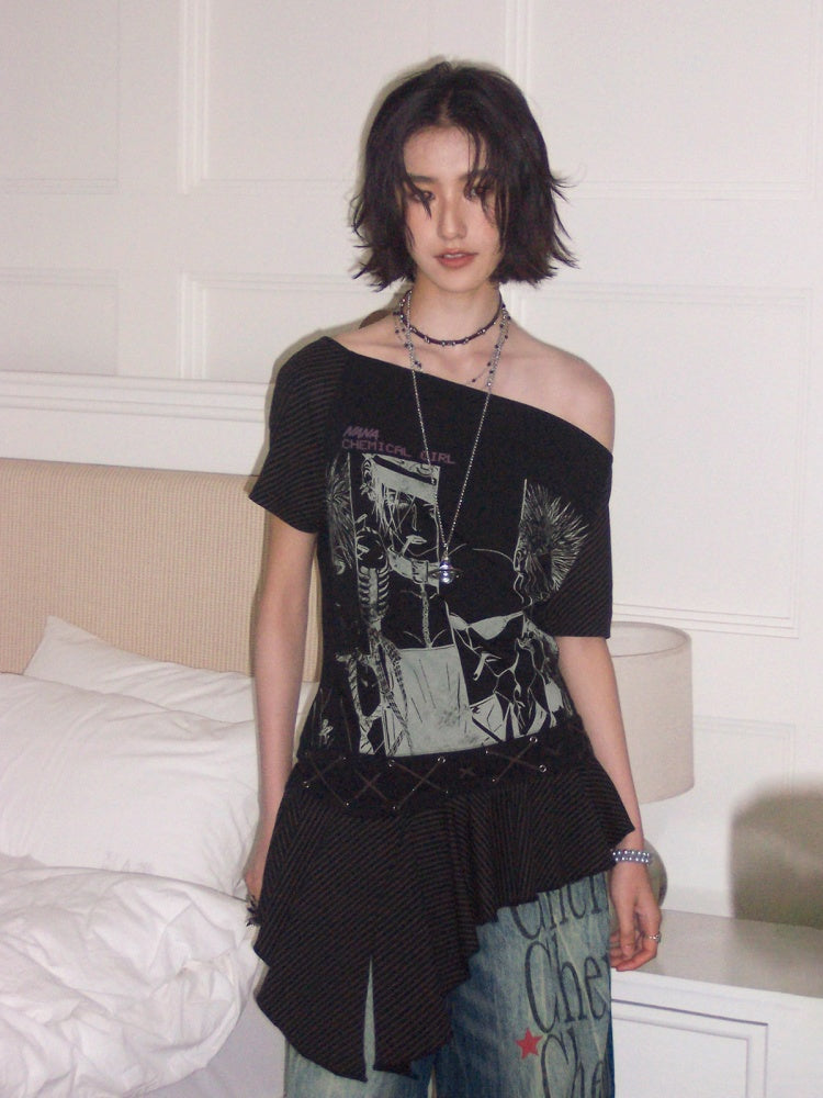 Chemical Girl×NANA Co-Branded Irregular Slanted Shoulder Lace Hem Strap Print T-Shirt【s0000017088】