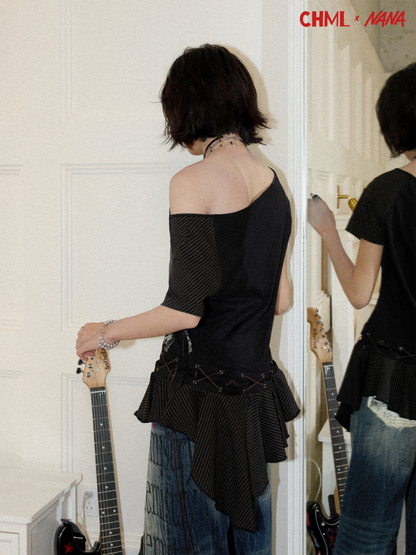 Chemical Girl×NANA Co-Branded Irregular Slanted Shoulder Lace Hem Strap Print T-Shirt【s0000017088】