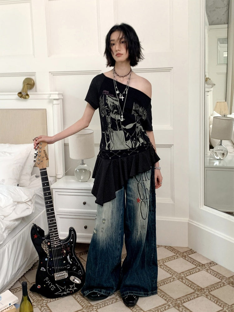 Chemical Girl×NANA Co-Branded Irregular Slanted Shoulder Lace Hem Strap Print T-Shirt【s0000017088】