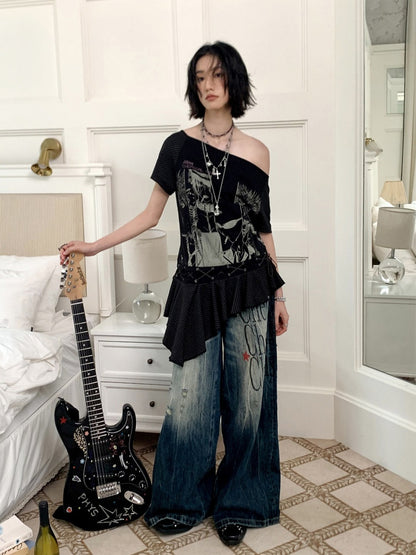 Chemical Girl×NANA Co-Branded Irregular Slanted Shoulder Lace Hem Strap Print T-Shirt【s0000017088】