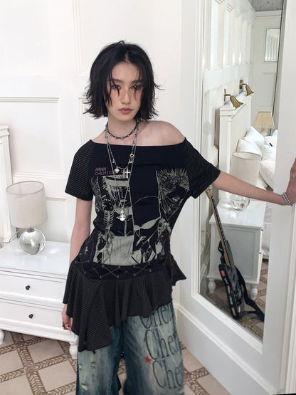 Chemical Girl×NANA Co-Branded Irregular Slanted Shoulder Lace Hem Strap Print T-Shirt【s0000017088】