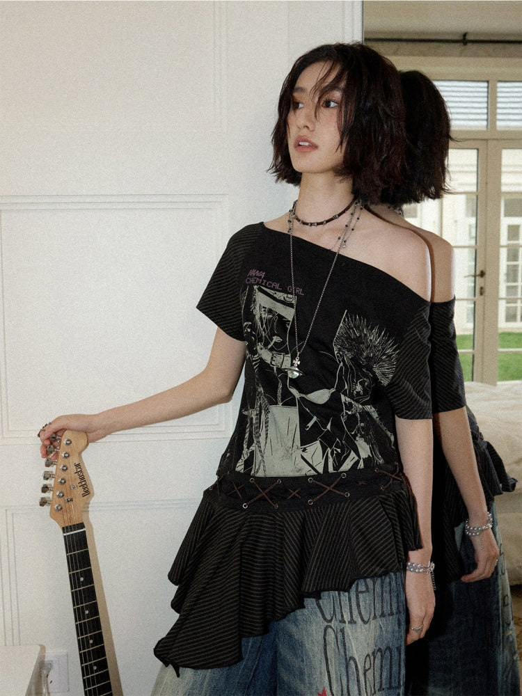 Chemical Girl×NANA Co-Branded Irregular Slanted Shoulder Lace Hem Strap Print T-Shirt【s0000017088】