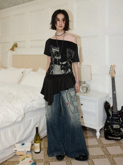 Chemical Girl×NANA Co-Branded Irregular Slanted Shoulder Lace Hem Strap Print T-Shirt【s0000017088】