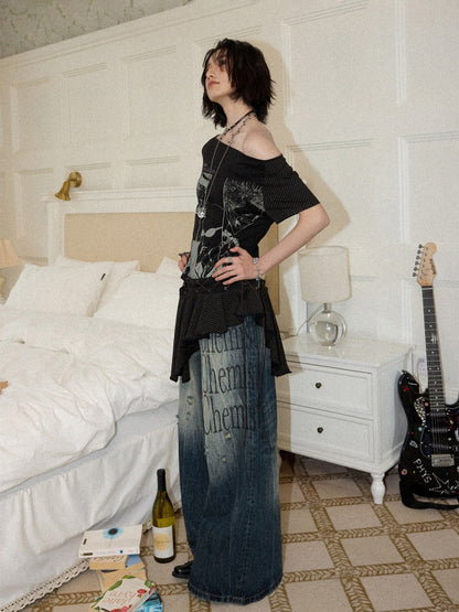Chemical Girl×NANA Co-Branded Irregular Slanted Shoulder Lace Hem Strap Print T-Shirt【s0000017088】