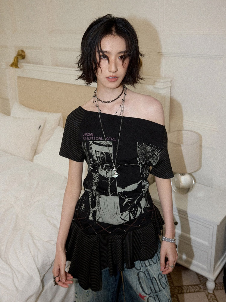 Chemical Girl×NANA Co-Branded Irregular Slanted Shoulder Lace Hem Strap Print T-Shirt【s0000017088】