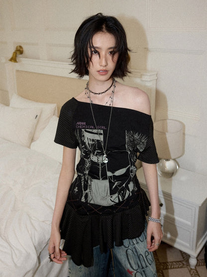 Chemical Girl×NANA Co-Branded Irregular Slanted Shoulder Lace Hem Strap Print T-Shirt【s0000017088】